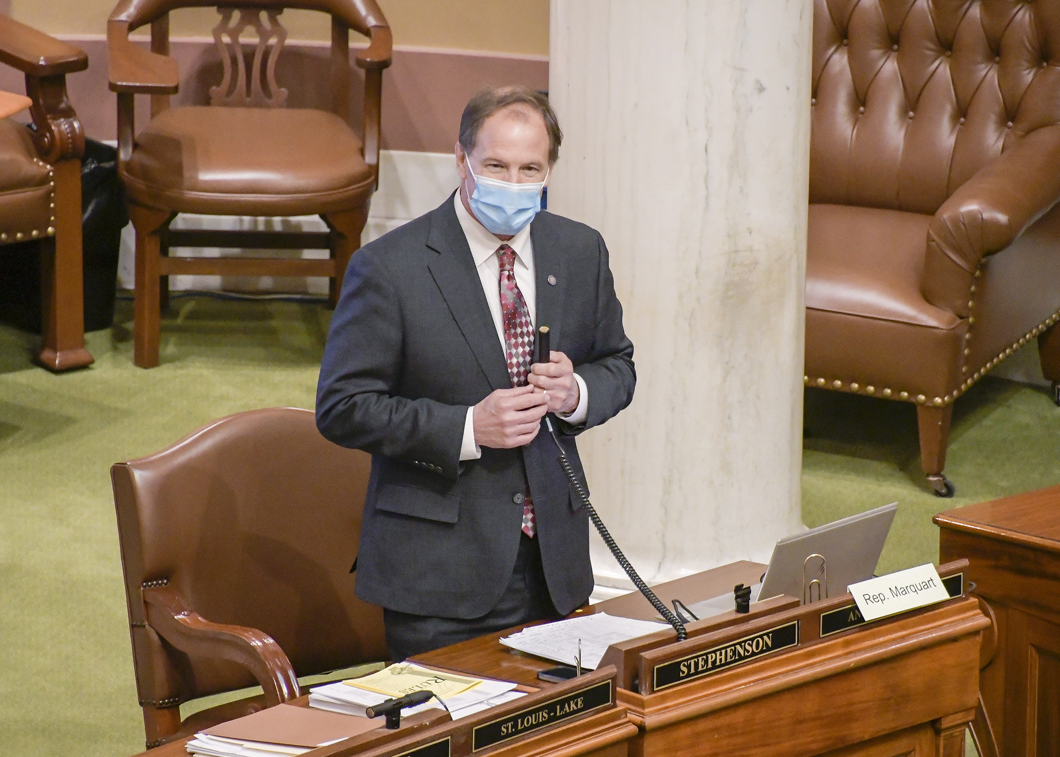 Rep. Paul Marquart, chair of the House Taxes Committee, makes opening comments during floor debate on the omnibus tax bill April 22. Photo by Andrew VonBank